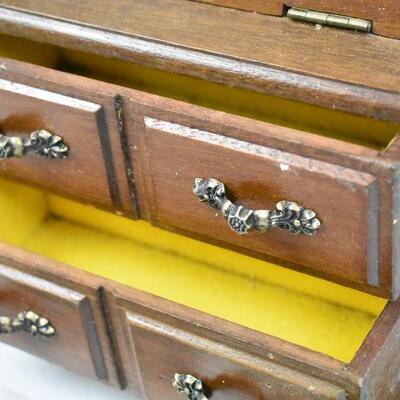 Wooden Jewelry Box with Yellow Fabric Interior - Used, broken frame