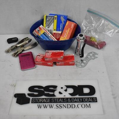 Lot of Various Office Supplies: Erasers, Staples, Paperclips, Flashlight, etc