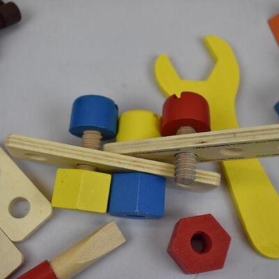 Yellow Bin and 3 Wooden Fine Motor/Building Toys 