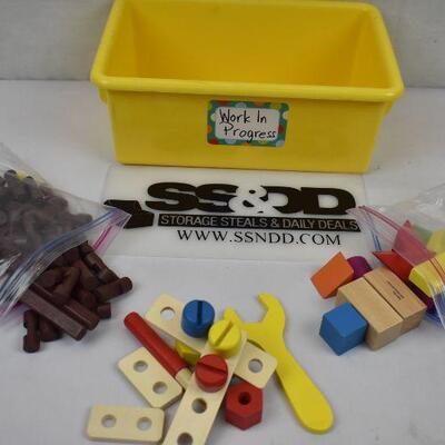 Yellow Bin and 3 Wooden Fine Motor/Building Toys 