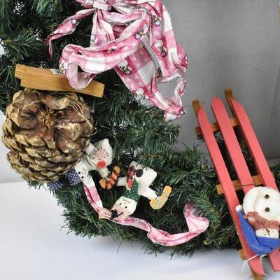 Oversized Winter Wreath with Sleds, Snowmen, and Pinecones, Needs some repairs 