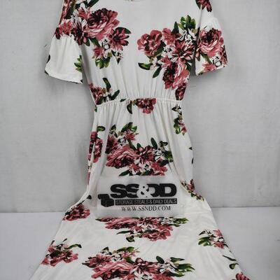 Long Floral Short-Sleeved Dress, White and Pink - Has Pockets, Size Small