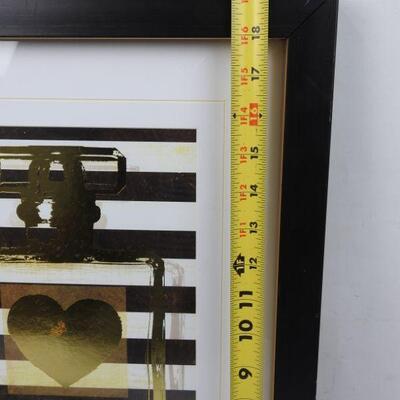 Framed Art Image Perfume Bottle, Stripes, Heart. B&W with Gold 