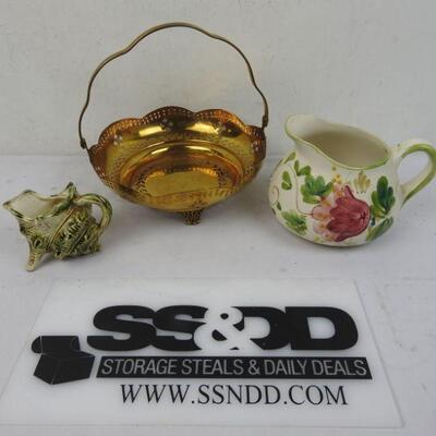 3 pc Decor: Metal Basket, Floral Ceramic Pitcher, Green Shell Pitcher
