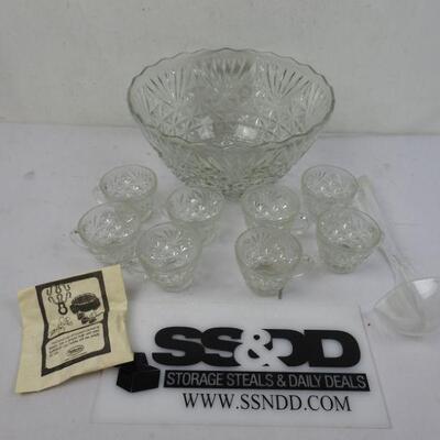 Glass Punch Bowl with 8 Glasses, Plastic Ladle, Plastic Hooks - Vintage