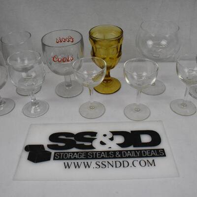 10 pc Drink Glasses, mostly for wine. 1 