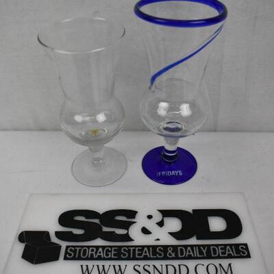 2 Large Drink Glasses. Clear Glass & Clear/Blue Friday's Glass