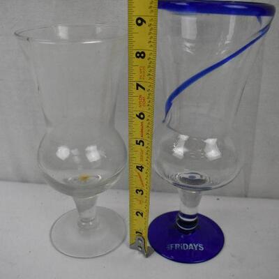 2 Large Drink Glasses. Clear Glass & Clear/Blue Friday's Glass