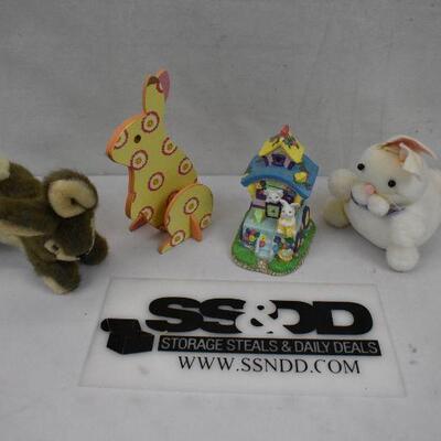 4 pc Easter & Bunny Decor, Brown Rabbit, Wooden Rabbit, Ceramic Bunny Home