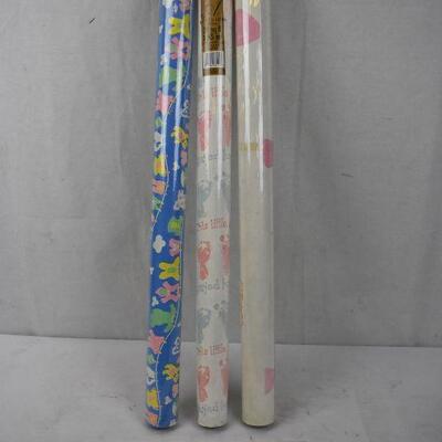3 Rolls Wrapping Paper: 2 Baby Theme & 1 Pink Hearts - New