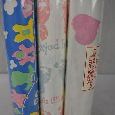 3 Rolls Wrapping Paper: 2 Baby Theme & 1 Pink Hearts - New