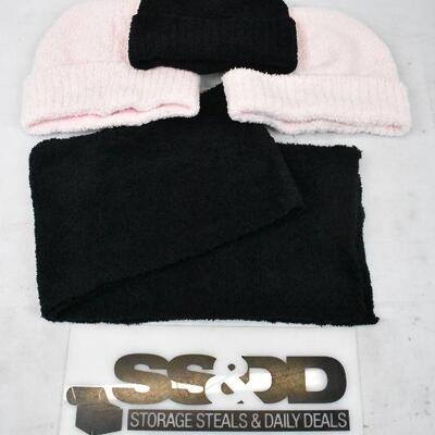 4 pc Cold Weather Wear: 3 Hats (1 black 2 pink) & 1 Black Scarf. No tags - New