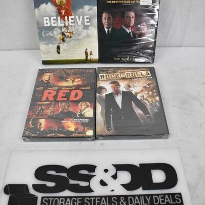 4 pc Movies on DVD: Believe, King's Speech, Red, RockNRolla. Sealed - New