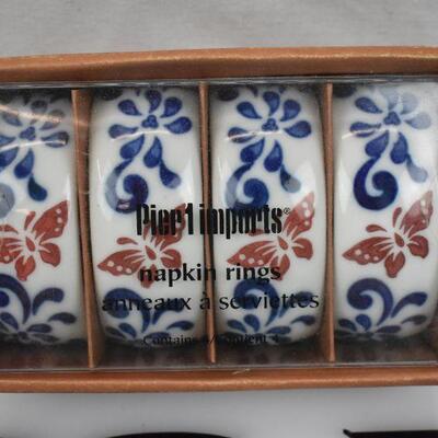 Pier 1 Ceramic Napkin Rings, Set of 4: Orange Butterflies, Blue Floral - New