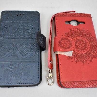 2 Samsung J3 Cases, Wallet Cases Blue Elephant and Red Mandala 