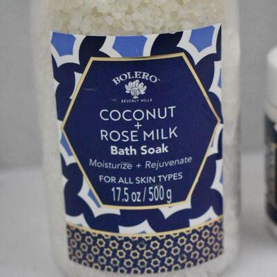 3 pc Skin Care Bolero Coconut & Rose Milk: Bath Soak, Facial Scrub, & Wash - New