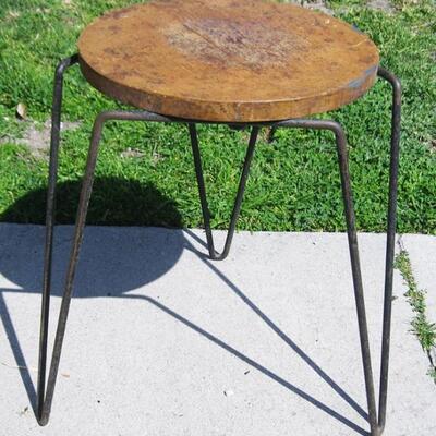 Lot 10 MCM Round Wood Stool with Modern Metal Legs