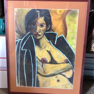 Lot 15 Pastel Drawing by Artist Sid Hoskins Framed Under Glass Naked Woman with Coat