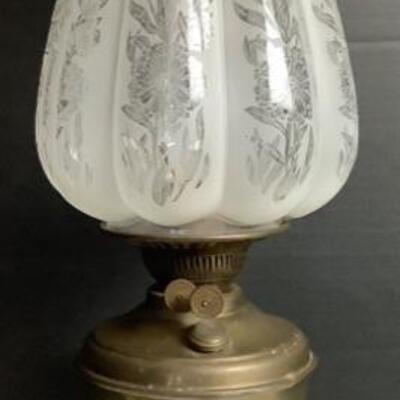 2092 British Made Brass Oil Lamp with Etched Glass Gourd Shaped Shade