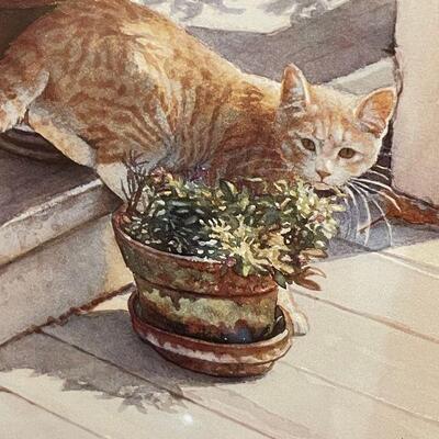 Steve Hanks Ltd Ed Print Young Woman On Steps with Ginger Cat