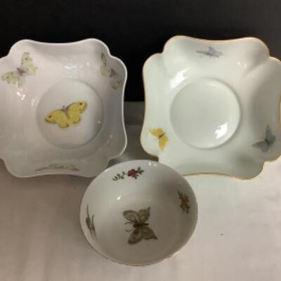 2102 Two Limoges Square Butterfly Bowls and LJ Butterfly Pedestal Bowl