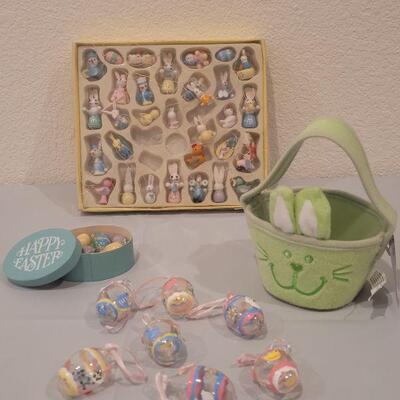 Lot 104: Vintage Easter Wood Ornaments, Painted Glass Egg Ornaments, Blue Wood Egg Box and a Small New Bunny Basket