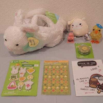 Lot 123: Animated Bunny Basket, Erasers, Stick On Patches, YoYo, (2) Windup Toys and Clip On Soft Plushie 