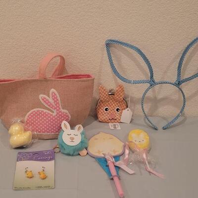 Lot 132: New Easter Purse Basket , Bunny Ears Headband, Coin Purse,  Lollipop Handsoap, Earrings, Memo Pad & Pen, Bath Fizzie and...
