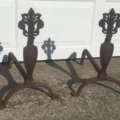 Pair of antique steel fireplace andirons 19â€h x 20â€d