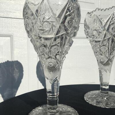 Pair of vintage heavy pressed glass flower vases 12.5â€