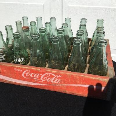 Coca-Cola wooden carrying case with 24 mixed Vintage and Rare glass bottles 18.5 x 12â€