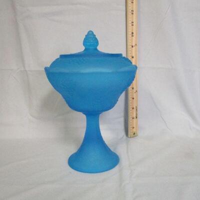 Lot 71 - Blue Satin Glass Grapes Covered Compote