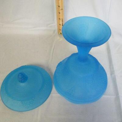Lot 71 - Blue Satin Glass Grapes Covered Compote