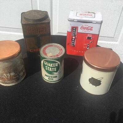 Five piece vintage advertising tin can Lot 6â€- to 8â€