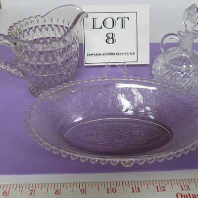 Pattern Glass Creamer Oval Bowl & Pressed Glass Cruet with Cut Design