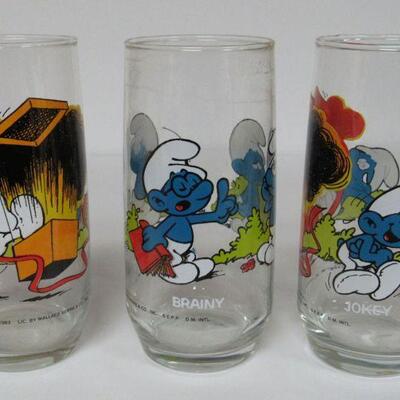 3 Vintage 1982 Smurf Glasses, 12 Jokey 1 Brainy