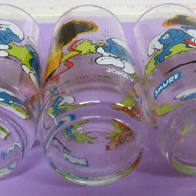 3 Vintage 1982 Smurf Glasses, 12 Jokey 1 Brainy