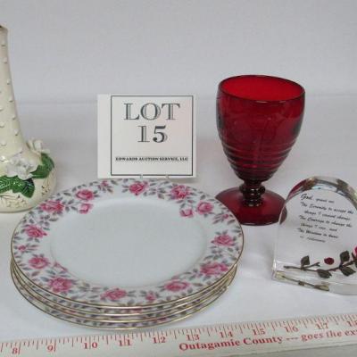 Nice Lot of Roses and Red, 4 Noritake Plates, Applied Roses Vase, Blood Red Goblet, Rose Decorative Piece