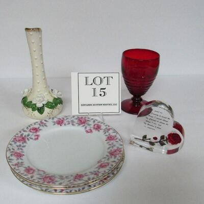 Nice Lot of Roses and Red, 4 Noritake Plates, Applied Roses Vase, Blood Red Goblet, Rose Decorative Piece