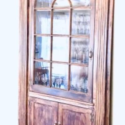 Antique Primitive Corner Cabinet with Fluted Sides, Glass  Door 