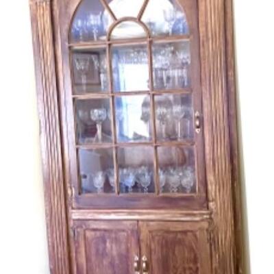 Antique Primitive Corner Cabinet with Fluted Sides, Glass  Door 