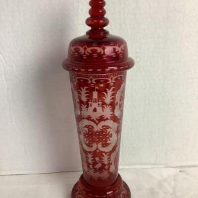 2109 Three Pieces of Bohemian Cut and Etched Ruby Glass