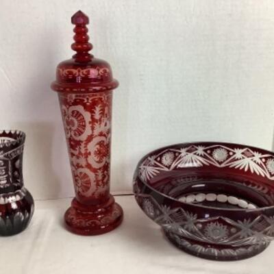 2109 Three Pieces of Bohemian Cut and Etched Ruby Glass