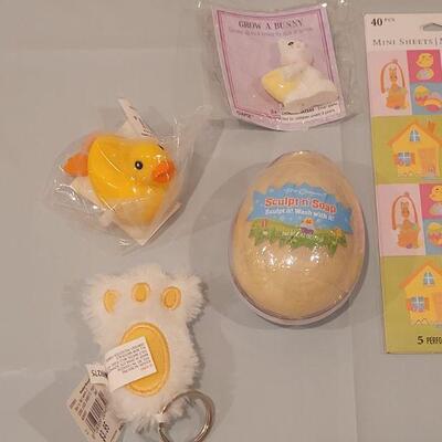 Lot 156: New Easter Bunny Basket with Puzzles, Stickers, Wind Up Toys, Bath Toys, Bunny Book and Faux Rabbits Foot Keychain 