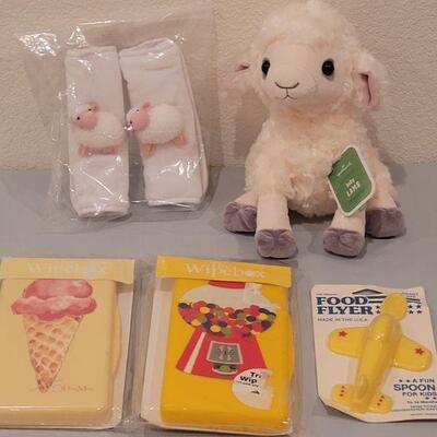 Lot 162: New Hallmark Baby Lamb, (2) Wipes Boxes, Airplane Spoon and Carseat Strap Covers 