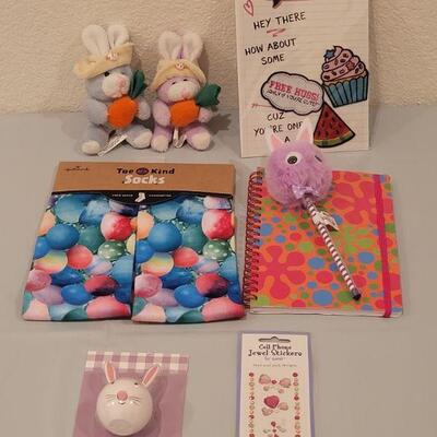 Lot 191: Easter Goodies- Socks, Lip Gloss, Notebook and Pen, Stick On Patches and (2) Small Bunnies 