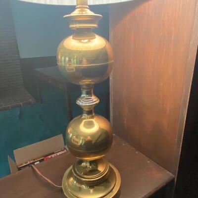 Brass Table Lamp with Ball and circular shapes on trunk and Silk Pleated Shade