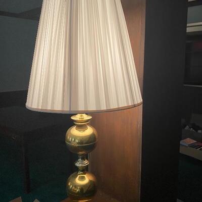 Brass Table Lamp with Ball and circular shapes on trunk and Silk Pleated Shade