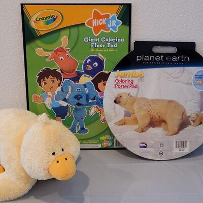Lot 215: New Extra Large Coloring Books and Macy's Duck Plush