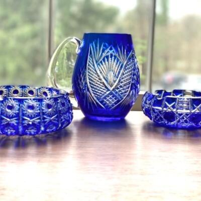 Group THREE Bohemian Cut Glass Cobalt pieces 